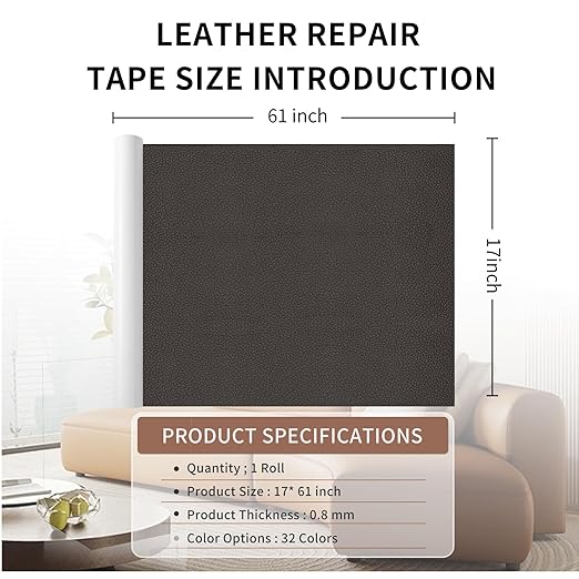 Leather Repair Patch Tape, Coffee 17 x 61 Inches Self Adhesive Leather Repair Kit for Furniture, Car Seat,Vinyl Leather Repair Kit for Office Chairs, Bags, Luggage