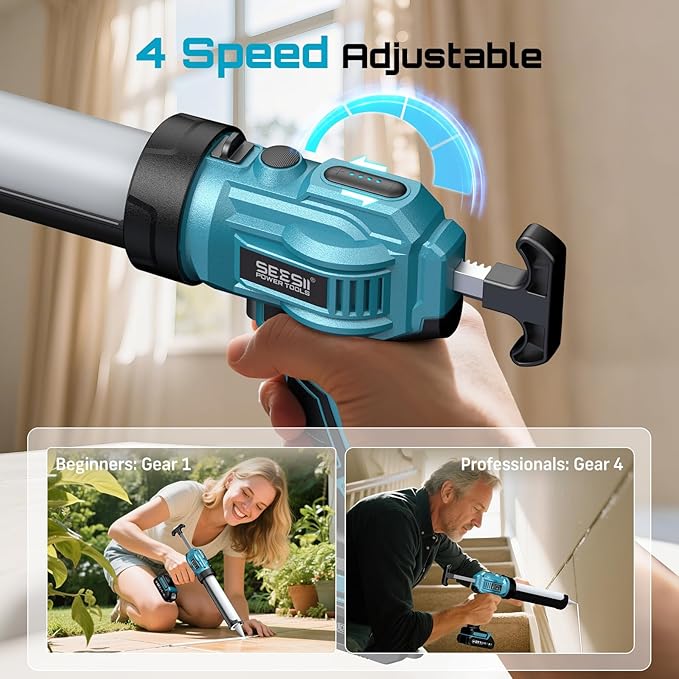 SEESII Cordless Caulking Gun, 21V Battery Powered Caulk Gun, Electric Caulking Gun w/2 x 2.0Ah Batteries, 9Pcs Caulk Remover Tool, LED Light, Auto Retract for Filling, Sealing