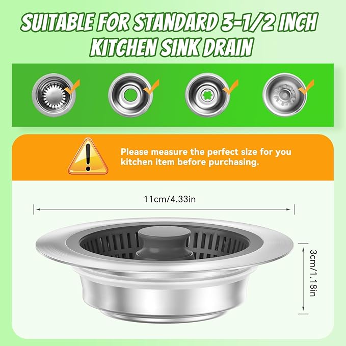 Kitchen Sink Drain Strainer with Pop-up Sink Stopper, 3 in 1 Sink Drain Strainer Basket with Cleaning Brush for US Standard 3-1/2 Inch Drain