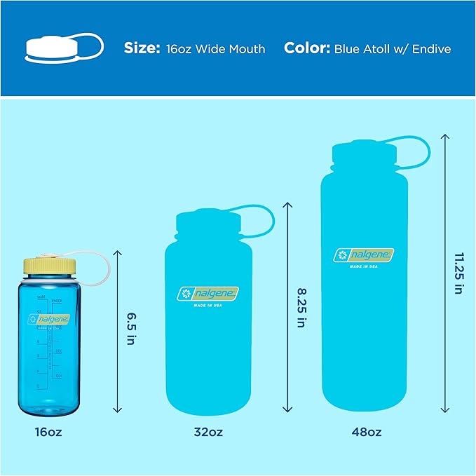Nalgene 16 oz Wide Mouth Water Bottle | Slim Cup Holder Size, BPA-Free, Durable & Leak Proof, Lightweight Travel Bottle, Blue Atoll