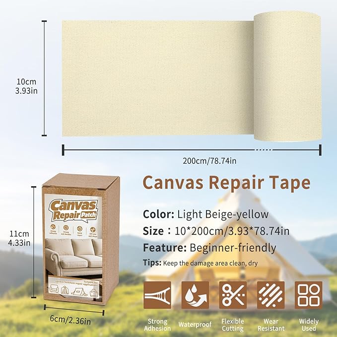 Canvas Repair Tape, 4×79 in Waterproof Fabric Repair Tape, Self-Adhesive Canvas Fabric Patches for Repairing Boat Covers, Sun Shades, Sofas, Tents, Lounge Chairs, Awnings, Light Beige-Yellow