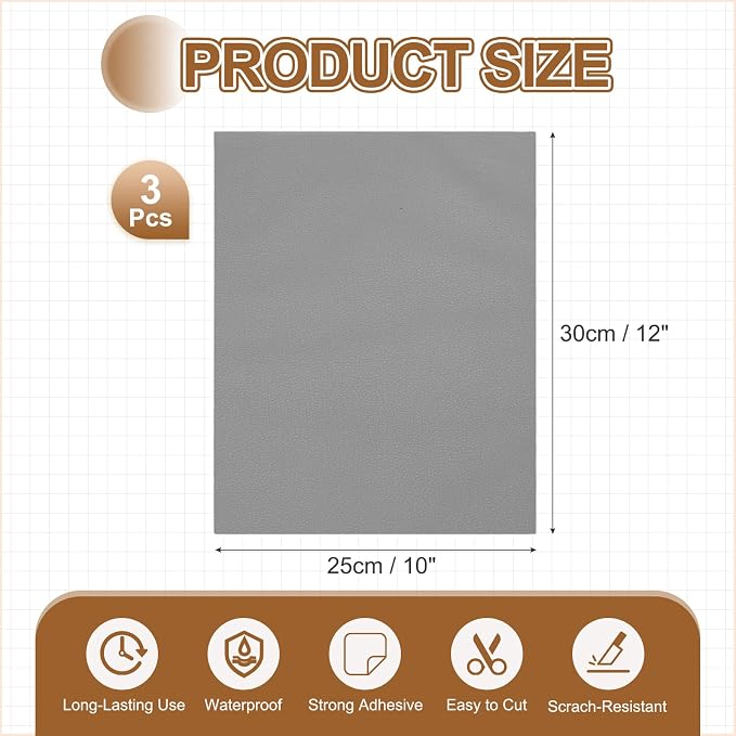 MECCANIXITY 5 Pcs Leather Repair Patch 10"x12" Self-Adhesive Leather Vinyl Repair Tape Kit for Furniture Couches Sofa Chair Car Boat Seats Jackets, Gray