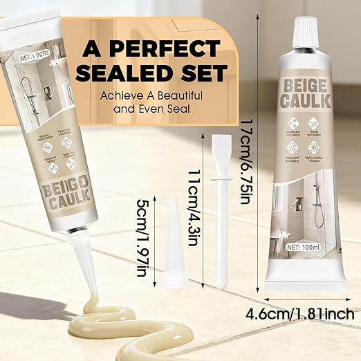 Beige Caulk, Silicone Caulk for Bathroom Shower Kitchen Tile Floor Sealing, Waterproof, Stronger Adhesion, Shrink & Crack Proof, with A Scraper for Applying Evenly, 100g