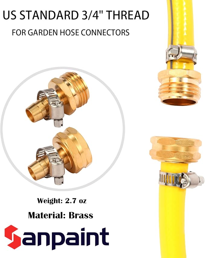 Brass Garden Hose Connector Repair Mender Kit with Stainless Clamp,Fits 1/2" Water Hose Fitting (1/2" Barb x 3/4" GHT)