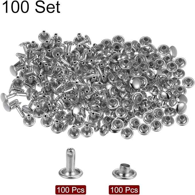HARFINGTON 100 Sets Leather Rivets 8 x 7mm Metal Double Cap Rivet Snaps Studs Fasteners with 3pcs Setting Tools Rivets for Leather Craft DIY Repair Decoration, Silver Tone