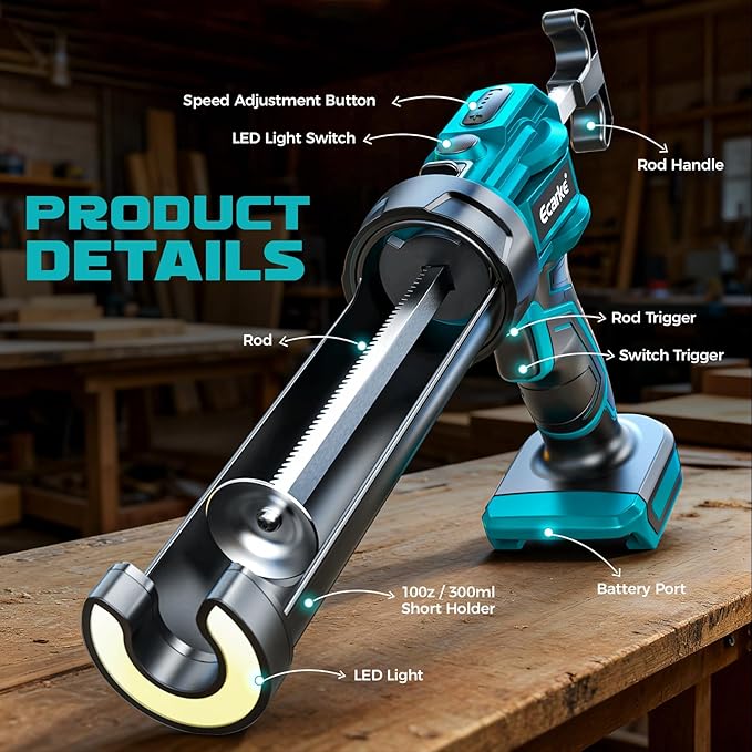 Cordless Caulking Gun Compatible With Makita 18V Battery (Tool Only), 10oz Electric Caulking Gun with Adjustable Speed, 9Pcs Caulk Remover Tool, Ecarke Cordless Silicone Gun for Filling, Sealing