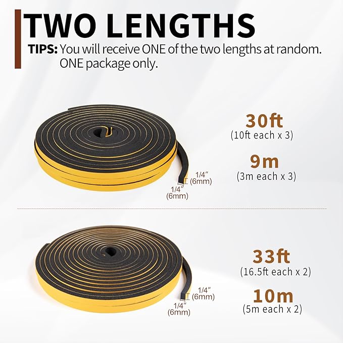 Yotache Foam Weather Stripping 1/4" W X 1/4" T, New Adhesive Craft, Insulation Soundproofing Strips Tape Gasket Seal for Door Frame and Window, Sliding Door Jamb, Total 30 Ft