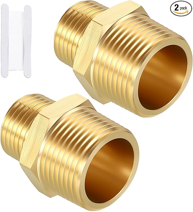 Pack of 2, 3/4" MNPT To 1/2" MNPT Solid Brass Hex Nipple Hose Connectors W/Sealing Tapes, Male Pipe Adapter for Pipe Leak Repair, Bathroom Remodeling, Tool Extension, Compression