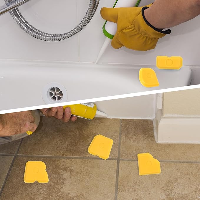 Tinoaly 10pcs Silicone Cramer Spreader Caulking Tool Kit, Sealant Profiling Finishing Smoothing Tool Caulk Remover Grout Scraper Mastic Applicator for Kitchen Bathroom Floor Window Sink (Yellow)