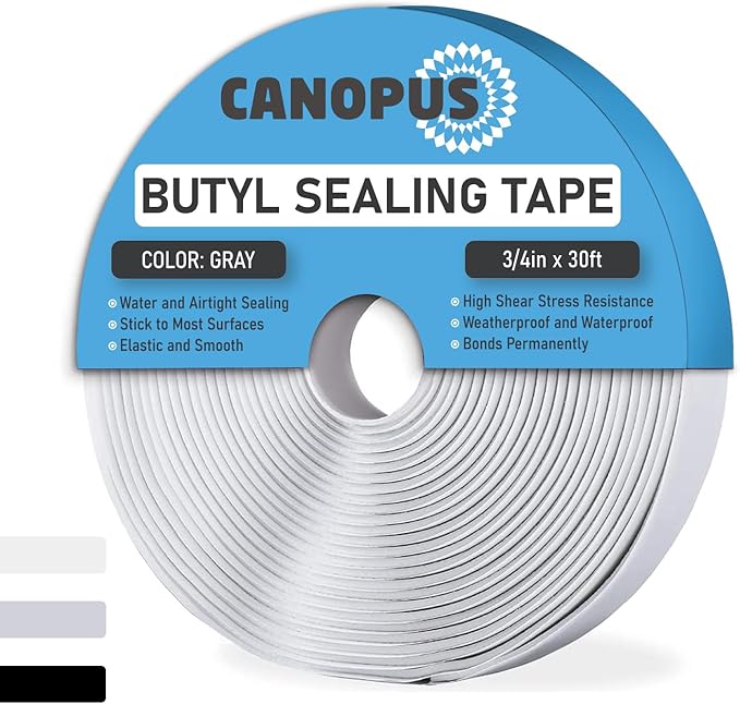 CANOPUS Butyl Seal Tape, Gray, 1/8-in x 3/4-in x 30-ft, Heavy Duty, Waterproof Sealant Putty Tape, Rubber Tape to Seal RV, Boat, Home Pipes and Car Windows Leaks