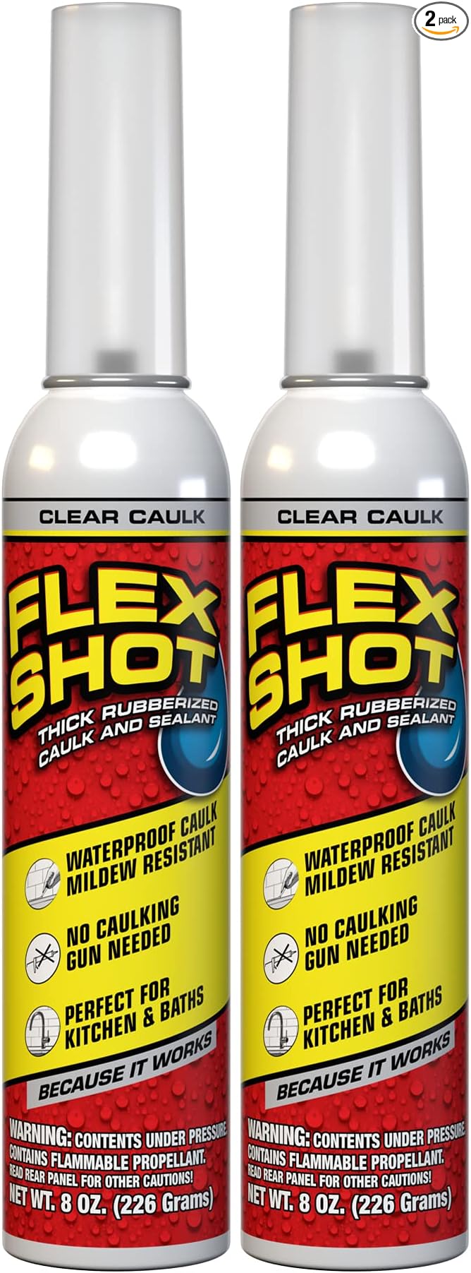 Flex Shot, Flexible Rubber Silicone Sealant, Waterproof Caulk, UV Resistant, No Caulk Gun Needed, Perfect for Kitchen, Bath, Showers, Sinks, Baseboards, Clear, 8oz, 2-Pack