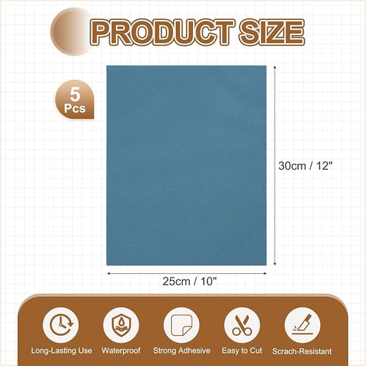 MECCANIXITY 5 Pcs Leather Repair Patch 10"x12" Self-Adhesive Leather Vinyl Repair Tape Kit for Furniture Couches Sofa Chair Car Boat Seats Jackets, Azure Blue