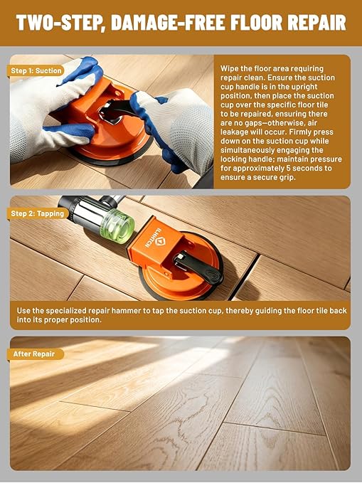 Laminate Floor Gap Fixer Tool Repair Kit, LVP Flooring Suction Cup Tool for Gaps, Heavy Duty Joint Puller Tools with 5 Reusable Sticky Pads & Rubber Mallet, Professional Hardwood Plank Closer (Orange)