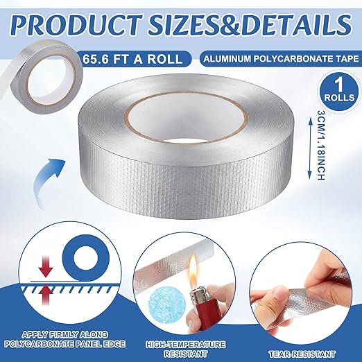 Fuyoooo 1 Roll 1.18 inch x 65.6 Aluminum Polycarbonate Tape, Heavy Duty Waterproof Sealing Insulation Greenhouse Tape, Self Adhesive UV Heat Resistant for Greenhouse Roofing Outdoor Repairs