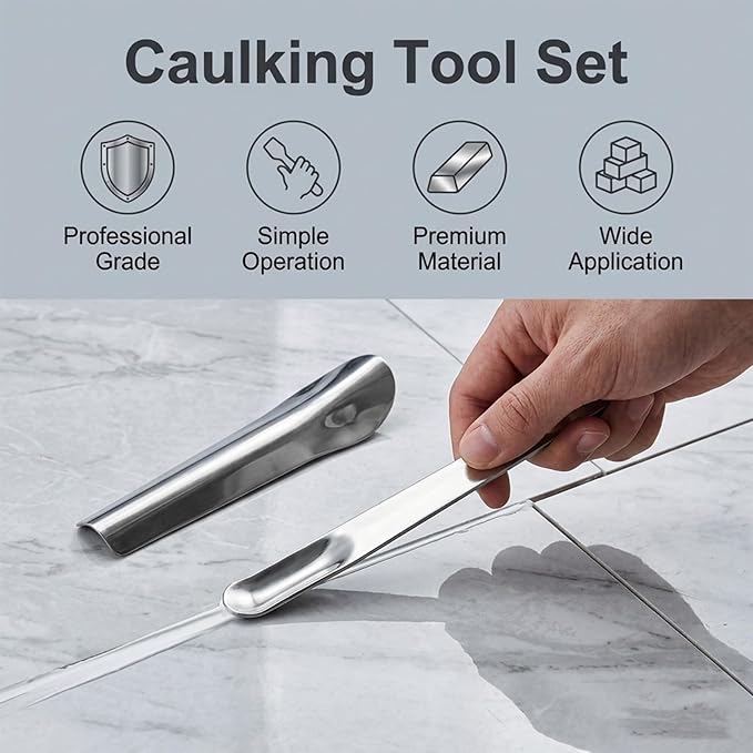 2 Pack Caulking Tool Kit, Metal Caulk Remover & Grout Cleaning Scraper, Silicone Finishing Tools for Wall Tile Gaps, Inside and Outside Corner Sealing Application, Bathroom Kitchen Shower Repair