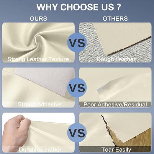 Self Adhesive Leather Repair Patch Kit, 17 in x 79 in Large Vinyl Leather Repair Tape for Furniture, Car Seat, Couch, Sofa, Chair Smooth Beige White