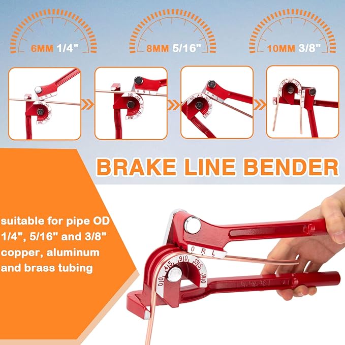 3/16" Brake Line Repair Kit - Double & Single Brake Line Flaring Tool Kit 1/4" 5/16" (with Tube Cutter & 5 Adapters) + 25Ft Copper Coated Brake Line (with 4 Unions & 16 Fittings) + Brake Line Bender