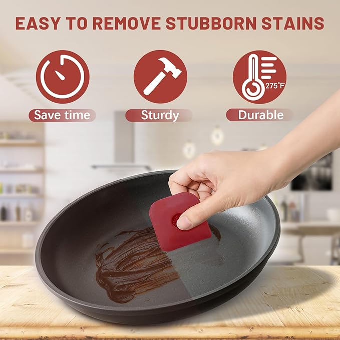 TMEDW Pan Scraper, 10 Pcs Pot Scraper, Pan Scraper Plastic, Multifunctional Scraper Tool for Kitchen, Non-Slip, Food Safe, High Heat Resistant-Red