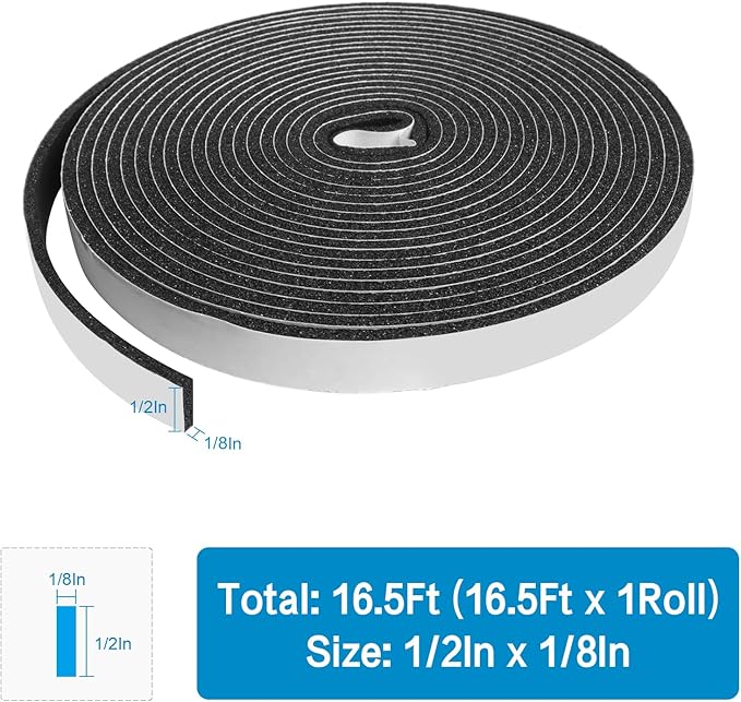 DGSL Foam Insulation Tape, 1/2In x 1/8In x16.5Ft Weather Stripping Door Seal Strip for Doors and Windows,Sliding Doors, Soundproofing Door Seal,Weatherstrip,Air Conditioning Seal Strip