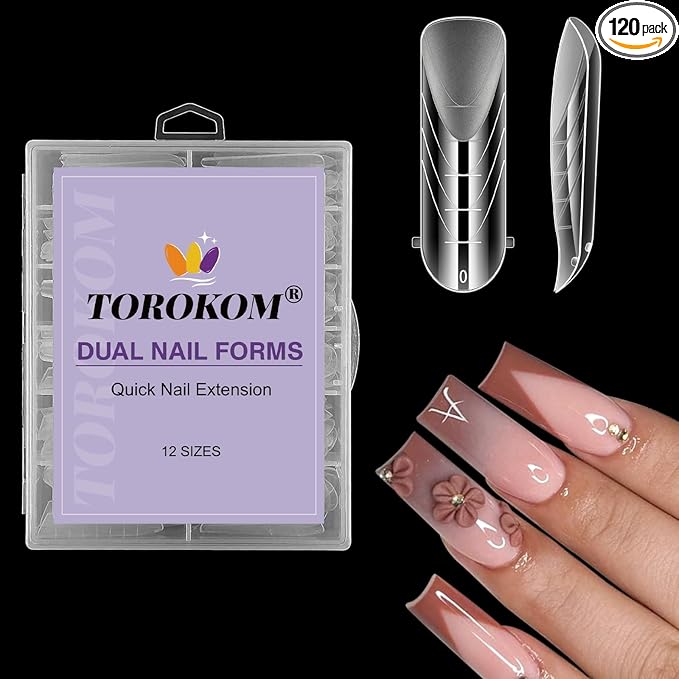 TOROKOM Poly Extension Gel Dual Nail Forms, 120Pcs Full Cover Coffin & Stiletto Nail Molds, 12 Sizes for Gel Manicure Nail Art Design Salon & DIY