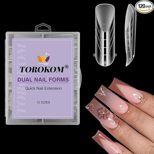 TOROKOM Poly Extension Gel Dual Nail Forms, 120Pcs Full Cover Coffin & Stiletto Nail Molds, 12 Sizes for Gel Manicure Nail Art Design Salon & DIY