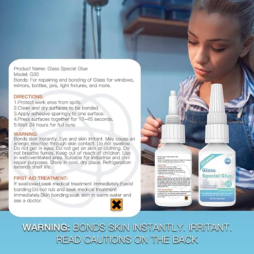 Glass Glue, 30g, Instant Strong Bond for Glass, Acrylic, Waterproof, Dries Clear, Quick Curing, Ideal for Craft, Jewelry, Rhinestone, Crystal, Mirror, Glasses