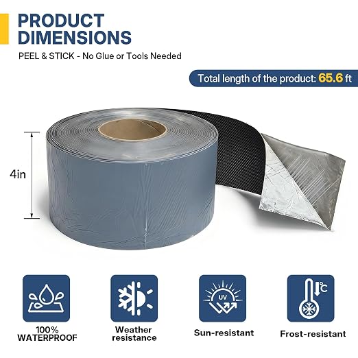 65.6ft X 4in EPDM Rubber Roofing Seam Tape, Self Adhesive Butyl Sealant Tape Waterproof Sealing Tape for Roof Patch & Repair, Peel and Stick Roofing Patch for RV, Pipe, Window Sill, Boat Sealing