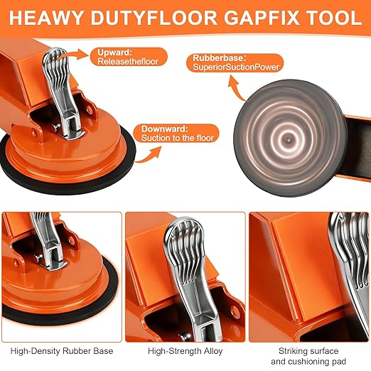 Heavy Duty Floor Gap Fixer Tool, 45° Striking Surface Floor Gap Repair Tool with Dual Suction Cup/Rubber Mallet Hammer/Anti-Slip Stickers/Cushion Pads/Gloves for Hardwood Tile and Stone Baseboard