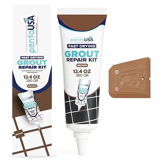 PentaUSA Tile Grout Repair Kit - Beige Brown Premixed Acrylic Sanded Grout, Water-Resistant Grout Filler for Bathroom&Shower, Kitchen Floor, Fast Drying, with Applicator, 13.4 oz (380g)
