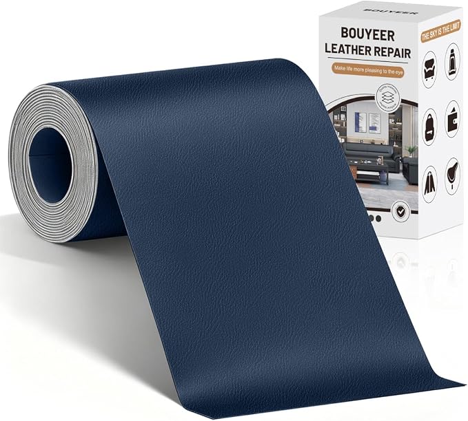 BOUYEER Leather Repair Patch Tape Kit,Self Adhesive Leather Repair for Sofa，Car Seat,Office Chair,Furniture,Jacket,Waterproof Strong Adhesive Vinyl Repair Kit. 4 in x 79 in,Fine Grained Navy Blue