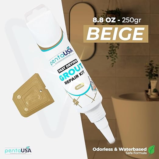 PentaUSA Warm Beige Tile Grout Repair Kit - Premixed Sanded Grout for Bathroom Shower Kitchen Floor, Beige Collection, Water-Resistant Filler Tube with Applicator, Easy DIY Restore (8.8oz / 250g)