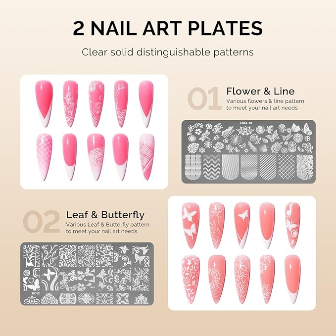 MelodySusie Nail Stamper Kit, Silicone French Tip Stamp Tool, 1PC Stamper, 1PC Scraper, 2PCS Stamping Plates, 2PCS Silicone Replaceable Heads for DIY Home French Manicure & Salon Art, Transparent