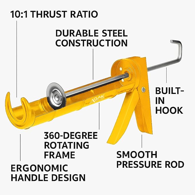 ADAK - Professional Caulking Gun, 10:1 Thrust Ratio, Caulking Gun No Drip, Hand Tool for Silicone & Sealant Application, Smooth Pressure Caulk Gun, Caulking Gun Tool (Yellow)