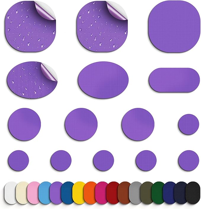 Self-Adhesive Nylon Patches Tent Repair Kit – Outdoor Gear Tenacious Repair Tape, Waterproof Fabric Patches for Clothes, Tent, Down Jacket, Backpack (45pcs, Purple