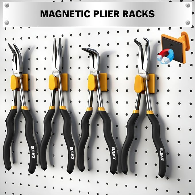 5-Piece 11 Inch Long Needle Nose Pliers Set with 4 Magnetic Plier Racks, Extra Long Reach Pliers Set, 45° & 90° Bent Needle Nose Pliers, Circle Nose and Diagonal Pliers for Tight Spaces