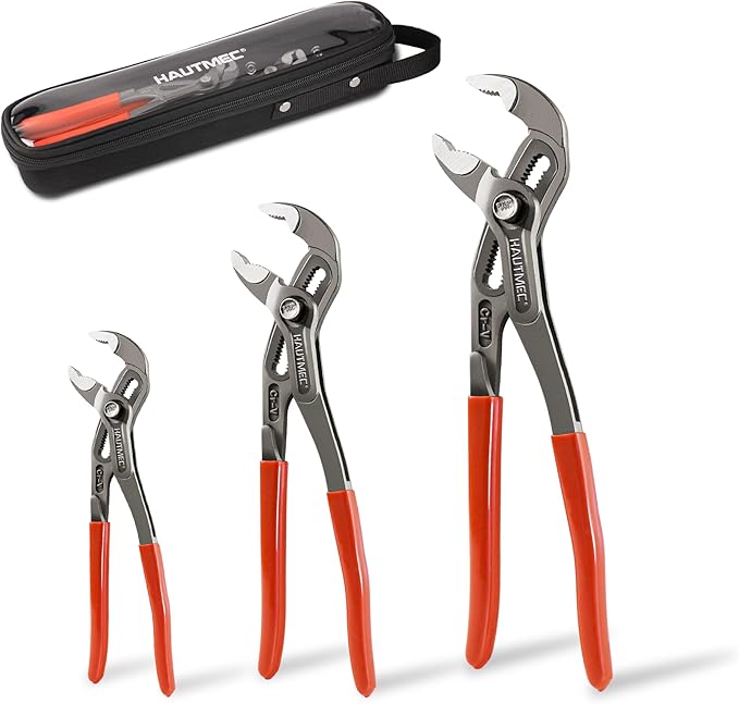 HAUTMEC 3 PCS Water Pump Pliers Set, Fast Adjustable Tongue and Groove Joint Pliers Tool Set,V-Jaw with Comfort Grips, 7 10 12Inch Plier Rust-Proof CRV Steel Construction for Plumbing HT0370-PL