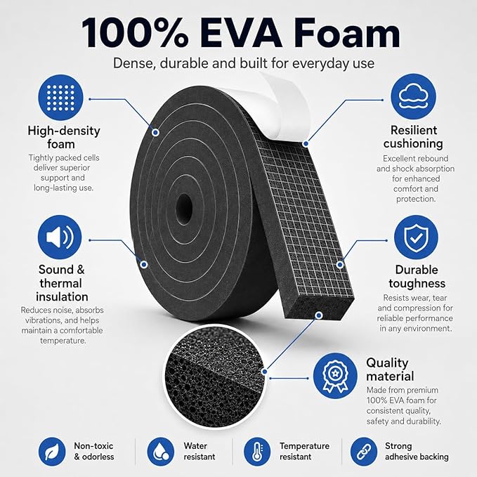 66FT EVA Foam Weather Stripping Door Seal, Self-Adhesive Weatherstrip Tape for Door Frame, Window Gaps, Soundproof Insulation