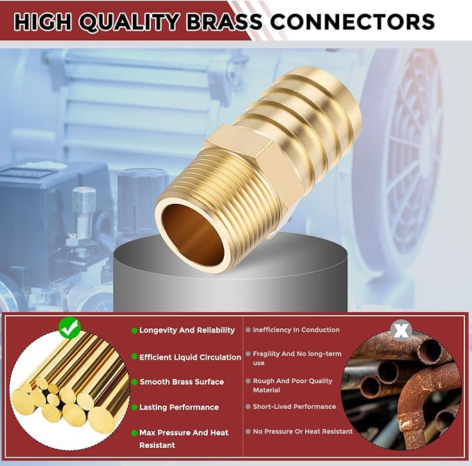 Pack of 6 Brass Hose Barb Fittings Adapter Connector 1" Hose Barb to 3/4" NPT Male Fittings for Home Machines, Massage Bathtubs, and Irrigation Systems