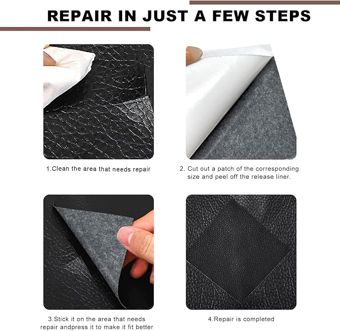 2 PCS Leather Repair Patch Tape, 4 x 8 Inch Self-Adhesive PU Vinyl Repair Kit Cuttable Patches, Portable Super-Thin Leather Patch Tape for Repairing Car Seats Sofas Chairs (Black)