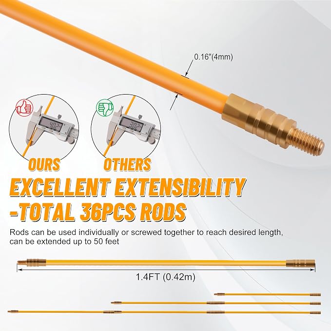 KOOTANS 50FT Fiberglass Running Electrical Wire Cable Glow Rods Wire Pulling Tools Fish Tape Wire Puller Through Wall Snake for Wires Cable Fishing Rod Kit with Different Attachments