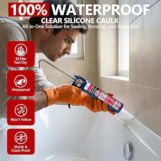 LISRUX Advanced Clear Silicone Caulk for Kitchen & Bathroom,10 fl oz Cartridge,12 Pack,100% Waterproof RTV Silicone Sealant,Stronger Adhesion,Shrink & Crack Proof