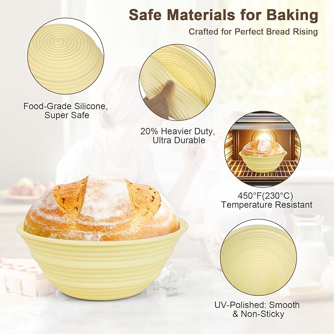 JOCXSPI Silicone Sourdough Starter Kit, Upgraded & Thickened 9" Round & 10" Oval Banneton Bread Proofing Basket, Foldable, Non-Stick Sourdough Basket with Bread Sling & Baking Supplies Tools