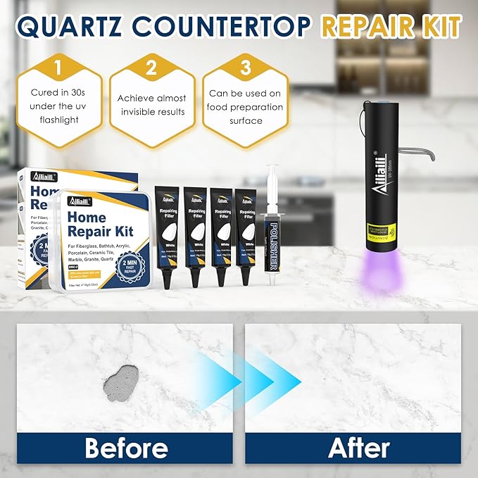 Quartz Countertop Repair Kit, Fiberglass Tub & Tile Repair Kit with 4x15g White Filler, 30s Fast Repair Chip, Hole, Scratch, Crack on Porcelain, Granite, Marble, Ceramic Tile, Bath Tub, Sink
