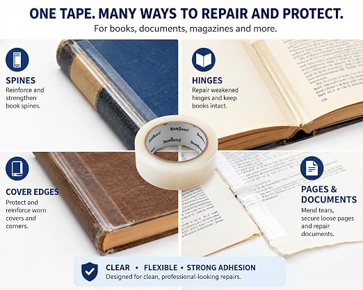 BookGuard Clear Book Repair Tape, Book Binding Tape 1 Inch x 15 Yards, Ultra Clear Low-Glare Flexible Polyethylene Library Tape for Spine, Hinge, Cover & Page Repair