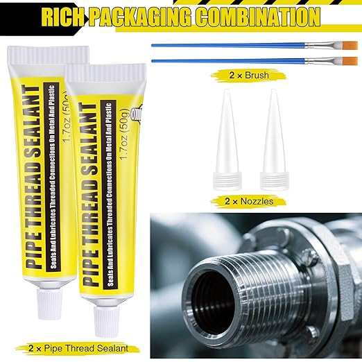 Threlaco 2 Pcs Soft Set Pipe Thread Sealant, 1-3/4 Ounce Non Hardening Paste with 2 Brush for Metal & Plastic Leak Proof, Temp Range -100°F to 600°F, Drip Resistant Ideal for Plumbing & HVAC