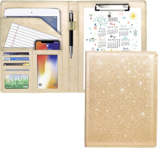 Glitter Portfolio Case, Bling Padfolio Cover for Women, Conference/Resume/Legal Document Organizer with Letter/A4 Size Clipboard Hardboard, Business Card Holders, Champagne