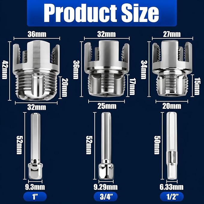 3 Pcs Pipe Thread Cutting Tool & PVC Pipe Threader Kit, Internal & External Rethreading Tool for 1/2", 3/4" & 1" PVC Plastic Pipes, Electric Drill Compatible for Plumbing Repair