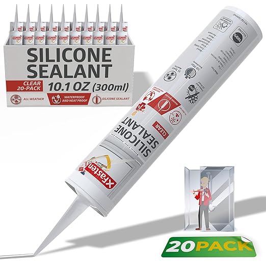 XFasten Clear Silicone Caulk Neutral Cure 10.1 oz (20-Pack) 100% Waterproof Silicone Sealant, Crack and Shrink Resistant, Low Odor, Strong Adhesion Caulking for Kitchen Bath Window Shower Outdoor Use