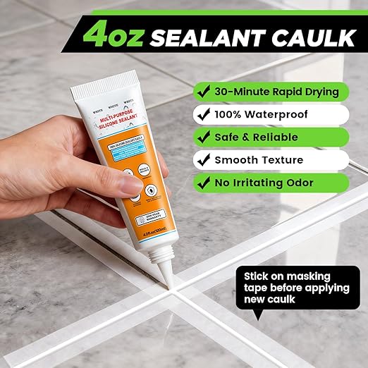 White Silicone Caulk Set-12oz Waterproof Silicone sealant,5 in 1 Caulk Tool with Caulk Remover Tool & Caulk Finishing Tool,Silicone Caulking Tool Kit of Bathroom Caulk, Shower Caulk, Bathtub Caulk