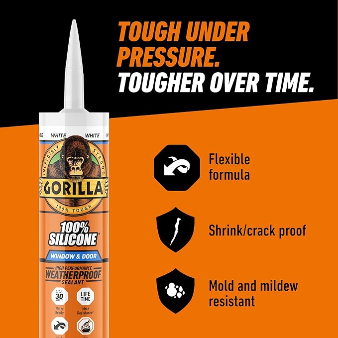 Gorilla 100% Silicone Sealant Caulk Window & Door, 10 Ounce Cartridge, White